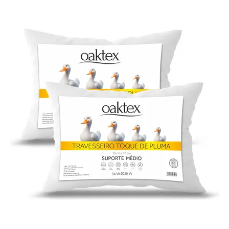 Kit 2 Travesseiros 70x50 Antialérgico Lavável Fibra Siliconada Toque de Pluma de Ganso Oak