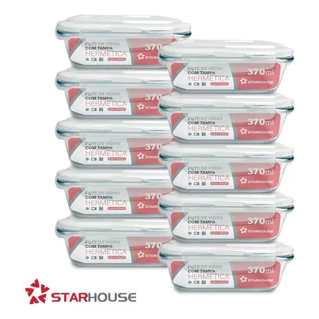 Kit 10 Potes Vidro 370ml Hermético Marmita Forno Refratário Star House