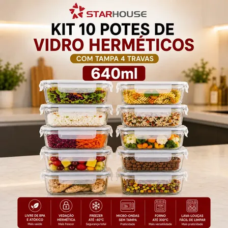 Kit 10 Potes Herméticos Vidro 640ml Starhouse Marmita Forno Micro-ondas Airfryer com 4 tra