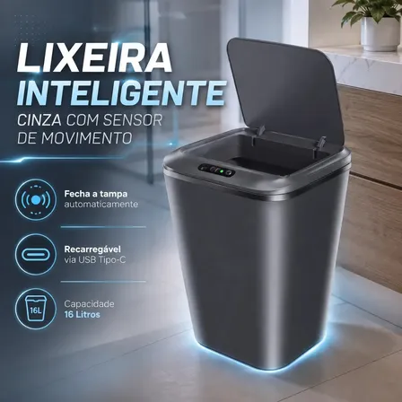 Lixeira Inteligente Automática Cinza Universal Com Sensor Recarregável Earman Company Anti
