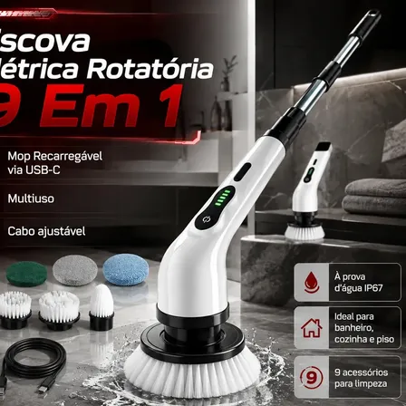 Escova Elétrica De Limpeza 9 Em 1 Recarregável Multiuso Portátil Rotatória Para Banheiro E
