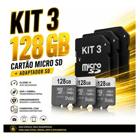 Kit 3 Cartões Micro SD 128GB Classe 10 de Alta Velocidade com Adaptador SD para Celular, C