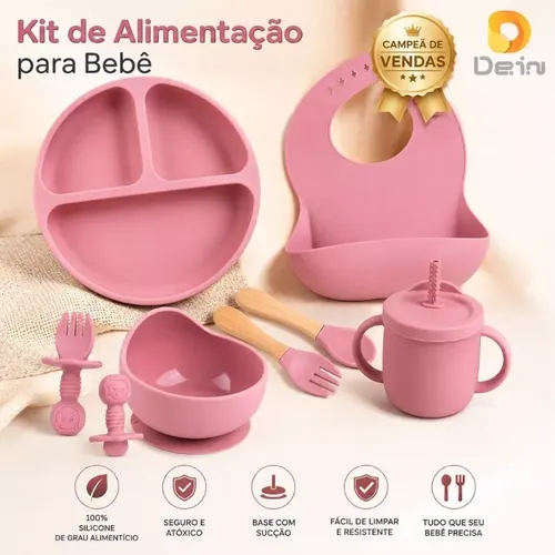 Kit de Alimentação para Bebê de Silicone 8 e 6 Peças Infantil Ventosa Canudo Colher Babador Garfo