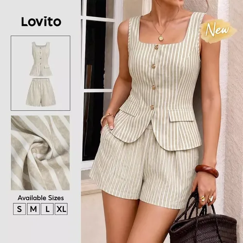 (New Arrival) Lovito Tops ou Bottoms Casuais Bolso de Fivela Metálica Bolso Falso Top Caqui para Mulheres SHK8BR234