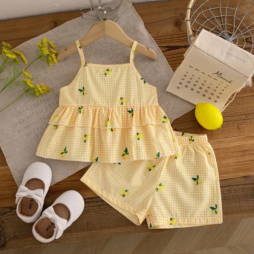 Conjunto De Roupas Xadrez Amarelas Para Bebês Meninas Em Camadas Com Shorts Roupa De Férias Infantil