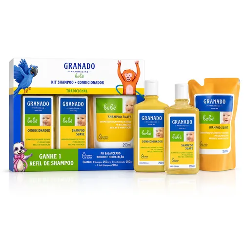 Kit Granado Bebê Tradicional Shampoo Suave 250ml + Condicionador 250ml + Refil de Shampoo 250ml
